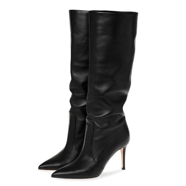 

boots fashion pu upper slip-on women pointed toe knee high pile of booties thin heel daily for ladies plus size 45, Black