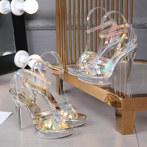 

dress shoes 2021 arrival colorful summer sandals 12cm clear high heels girls shining woman ankle strap platform, Black
