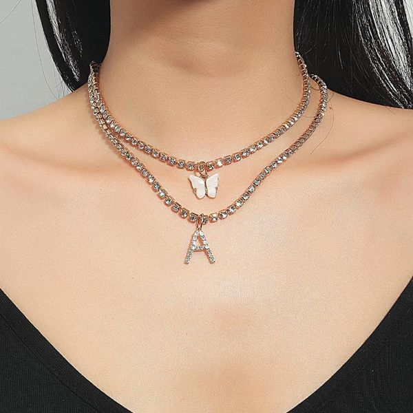 

blingbling sweet romantic crystal necklace butterfly a-letter gold tennis chain choker korean fashion women's minimalist party chokers, Golden;silver