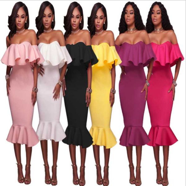 

casual dresses slash neck women gown charming cloak sleeve high waist bodycon ruffles mid-calf pure color party dress 2021 autumn, Black;gray