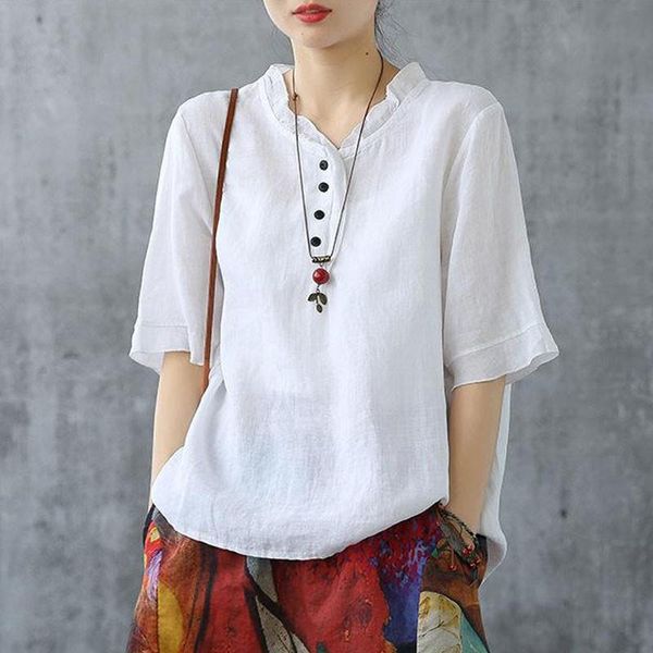 

women's t-shirt johnature cotton linen solid color v-neck button short sleeve t-shirts 2021 summer loose comfortable all-match women, White