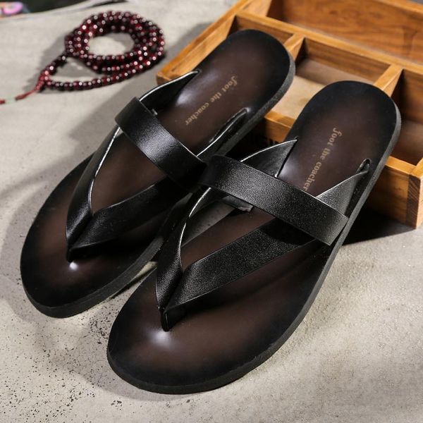 

slippers men beach fashion outside men's leisure concise genuine leather summer flip flops sewing shoes, Black