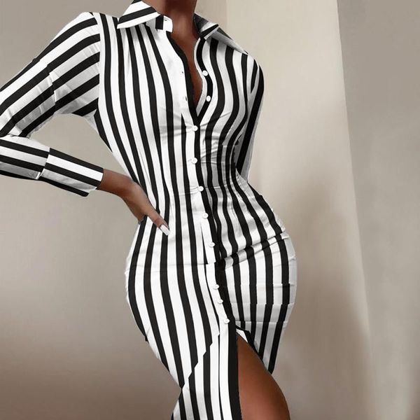 

casual dresses striped print shirt dress women office lady long sleeve wrap hip buttoned elegant sheath bodycon 40#, Black;gray