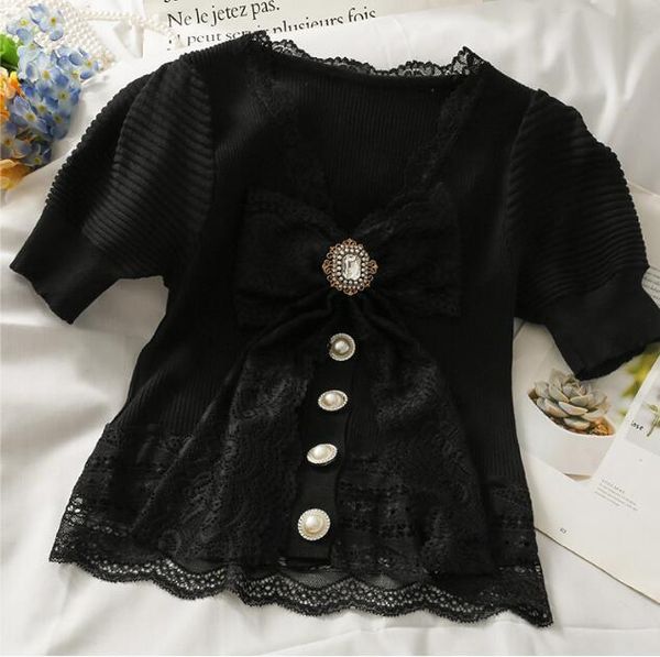 

women's t-shirt summer sweet bow single-breasted short-sleeved knitted lace stitching v-neck, White