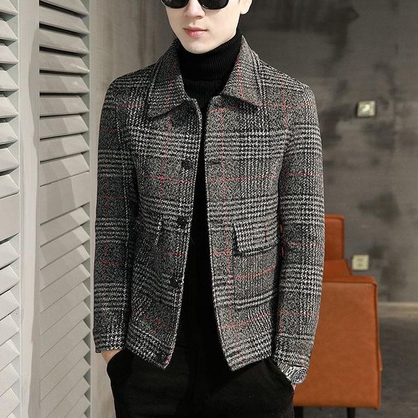 

men's wool & blends autumn winter fashion plaid woolen jackets men casual short warm outwear male long sleeve slim coats o629, Black