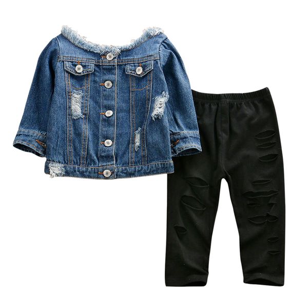

1-6t 2pcs toddler infant baby girl suit clothes set denim off shoulder coat outwear jackets + shredded pants autumn clothes sets, Blue;gray
