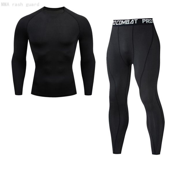

men's thermal underwear fitness clothing long suit black leggings compression shirt jogging 2 piece tracksuit men set, Black;white