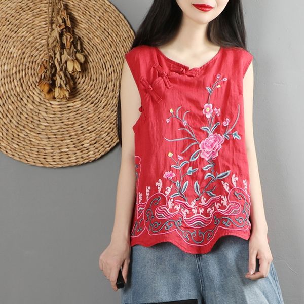 

embroidery cheongsam summer chinese tang suit sleeveless linen shirt traditional chinese style clothing women 10716, Red