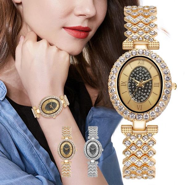 

wristwatches fashion women full diamond roma watch luxury female oval dial quartz bracelet watches relogio feminino, Slivery;brown
