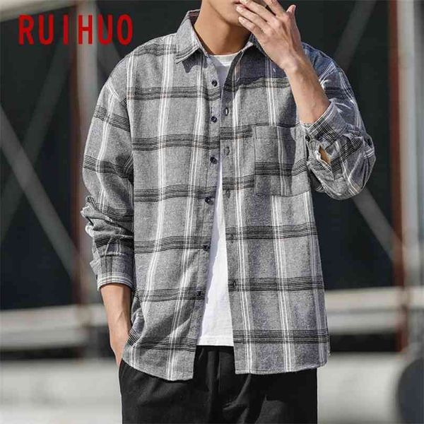 

ruihuo casual plaid shirt men slim fit wool male long sleeve shirts turn-down collar fashion brand -5xl spring 210626, White;black