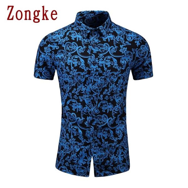 

men's casual shirts zongke 2021 summer short sleeve shirt men slim fit cotton floral male clothing brand plus size -5xl, White;black