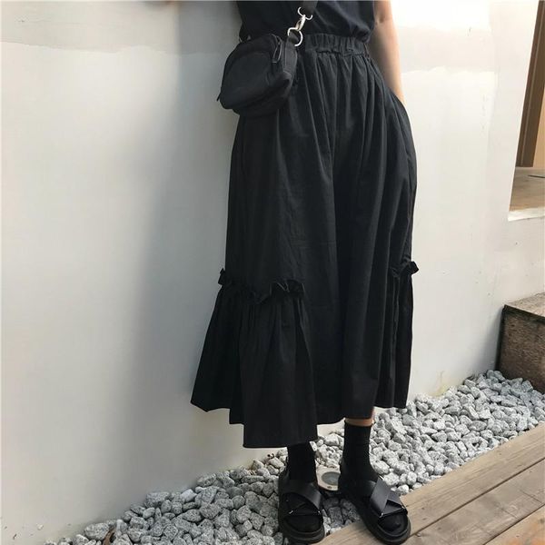 

skirts hzirip vintage fashion all-match casual solid color high waist slim ladies 2021 gentle summer ruffled mid-length skirt, Black