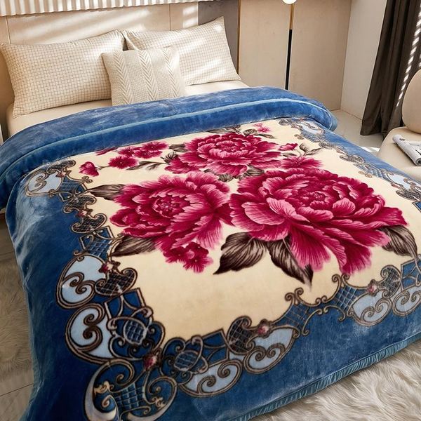 

blankets soft warm double layer winter thicken raschel plush weighted blanket for bed heavy fluffy flowers printed throw blan