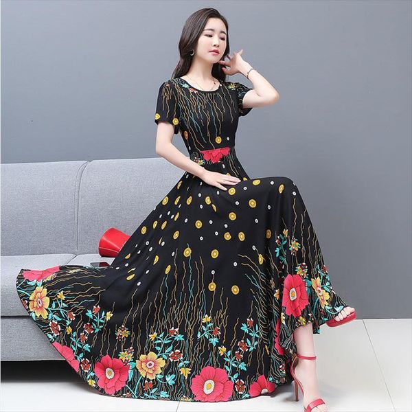 

summer middle aaged flower womens dresses printed cotton midi o neck short sleeve slim vestitos w200, Black;gray