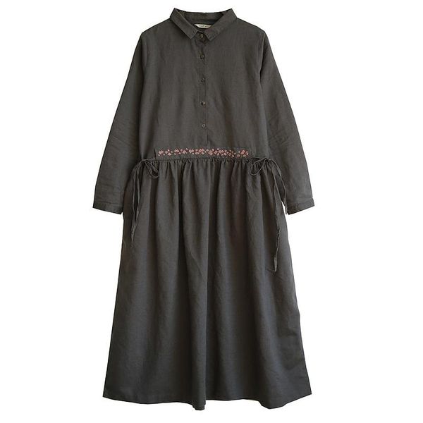 

casual dresses women solid color dress 2021 spring autumn cotton linen embroidery long-sleeved vintage loose robe yoyikamomo, Black;gray