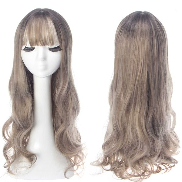 

qi bangs big wave long curly hair chemical fiber matte high temperature silk natural simulation women's wig, Black