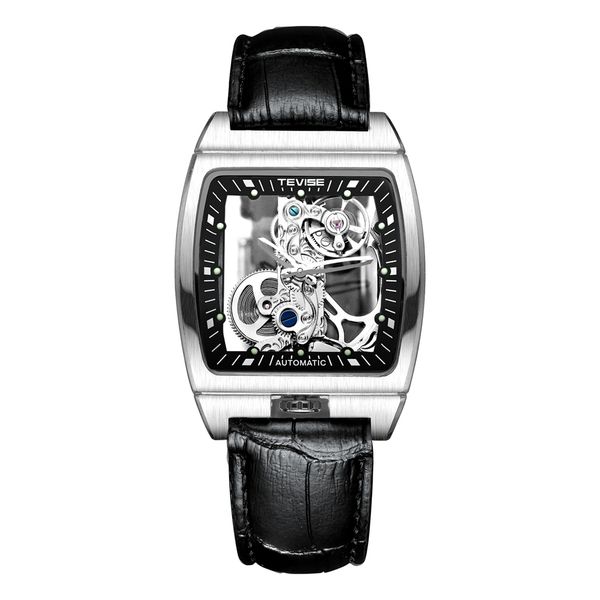 

tevise cool men steampunk skeleton carving car mechanical pu leather tape watches xmas poison box ship, Slivery;brown