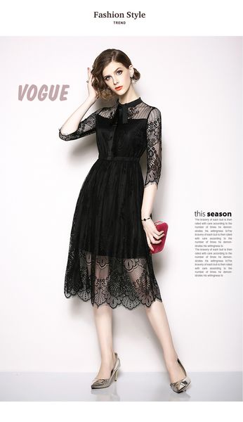 

casual dresses summer hollow out lace a-line dress women stand collar 3/4 sleeve midi long flower see through vestidos gkgz, Black;gray