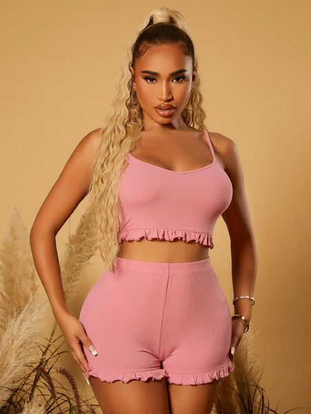 

sxy frill trim rib knit cami crop & biker shorts set 07c0#, White