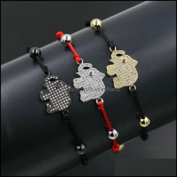 Armbänder Schmuck Mirco Pave Cz Shiny Elephant Amet Männer Frauen Schwarz Rot Seil Faden Schnur Geflochtene Glück Chakra Armband Pseira Perlen, Stra