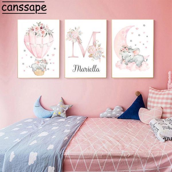 

paintings nursery canvas print custom name poster pink elephant prints balloon painting moon wall pictures nordic posters girls room decor