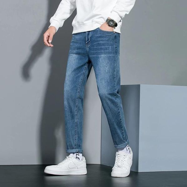 

men's jeans straight solid men 2021 casual cotton jean blue embroidery slim fit low rise denim pants