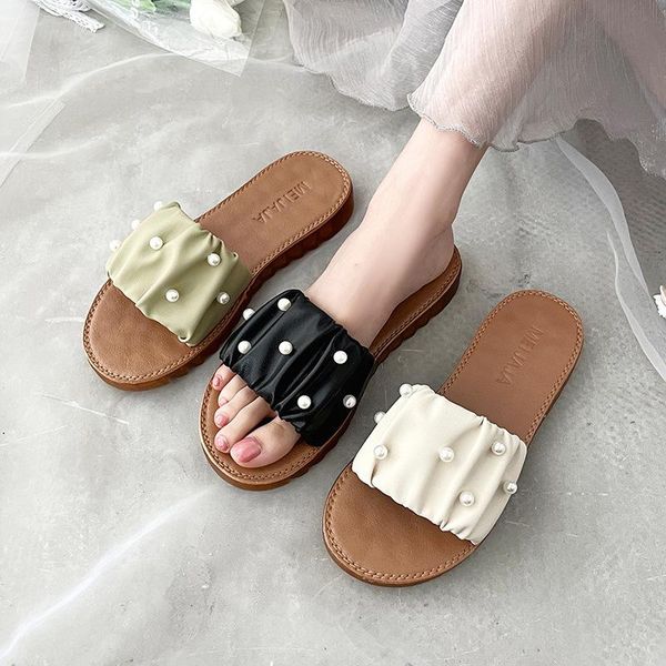 

slippers shoes women female luxury slides fringe string bead low square toe soft 2021 designer flat summer fabric basic casual, Black