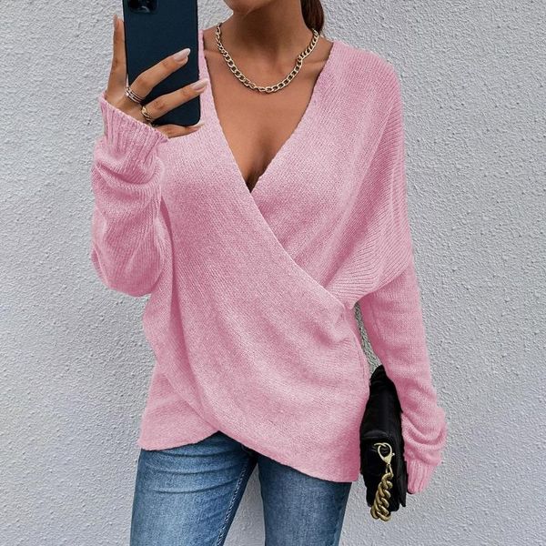 

women's sweaters 2021 fall/winter cross loose outer wear ladies knitted sweater solid color deep v neck knit pullover femme, White;black