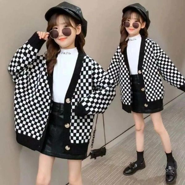 

pullover 4 -15 years teeange kids plaid cardigan sweater for girls v neck button knitted coat boys loose outerwear jacket, Blue
