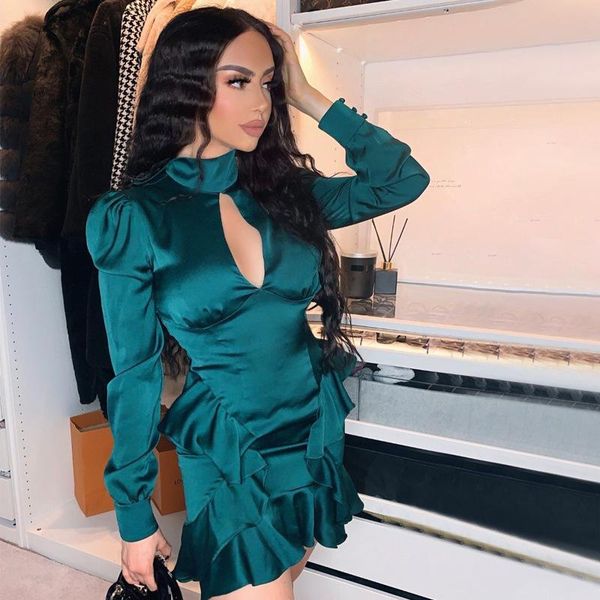 

casual dresses autumn womens dress long sleeve turtleneck ruffles mini vintage stain bodycon party club outfits female elegant satin, Black;gray