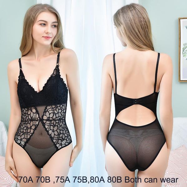 

women's jumpsuits & rompers 2021padded bodysuit jumpsuit overall bodycon body lace mesh transparent intimate bra panties set, Black;white