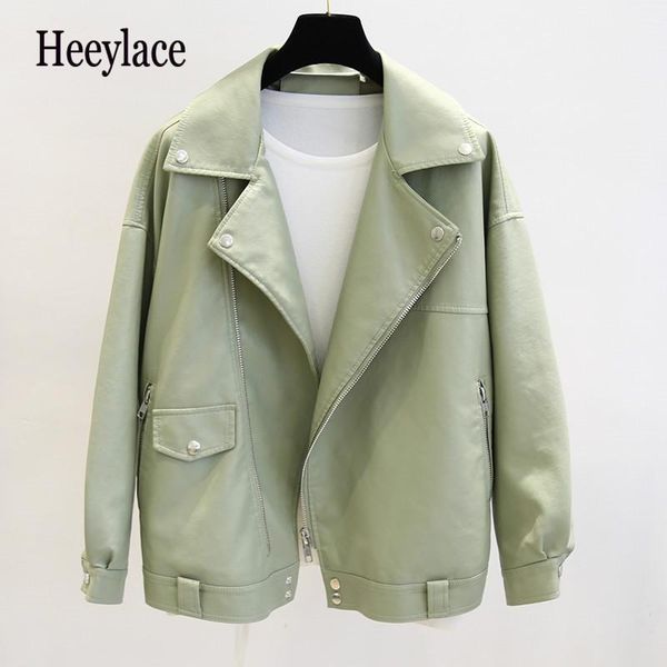 

women's leather & faux clothes 2021 autumn loose batwing sleeve streetwear leahter jacket ladies turn down collar zipper biker coats, Black