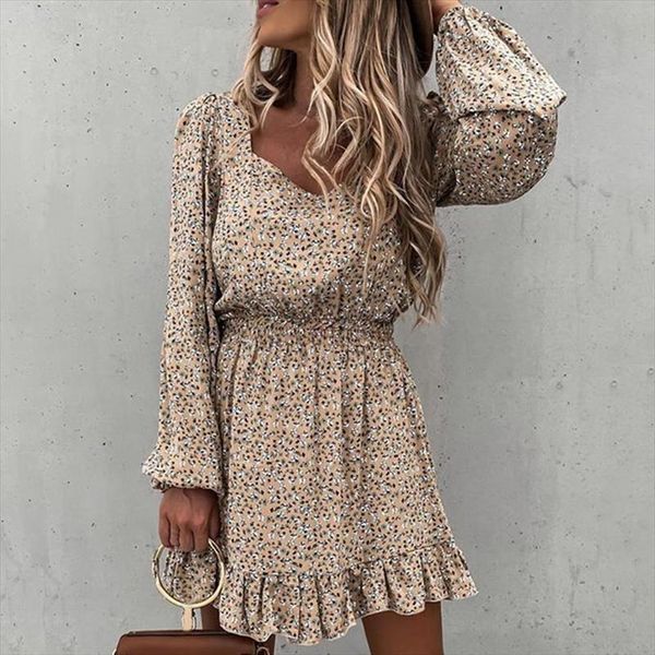 

autumn long sleeve womens skirt square collar floral dress winter casual ruffle print slim female boho mini party vestidos, Black