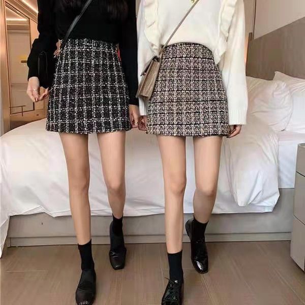 

spring and autumn korean-style hip skirt slim all-match plaid a word high waist women skirts, Black