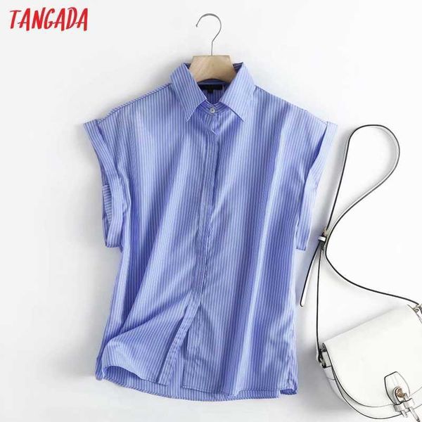 

tangada women retro blue striped print shirt summer blouse oversized loose chic female 4c120 210609, White