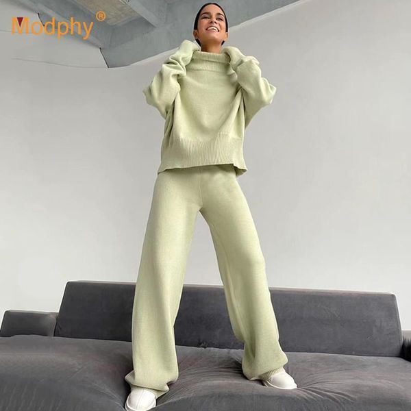 

women's two piece pants women sweater knitted 2 sets tracksuits pullover turtleneck sweaters & wide leg set outfits, White