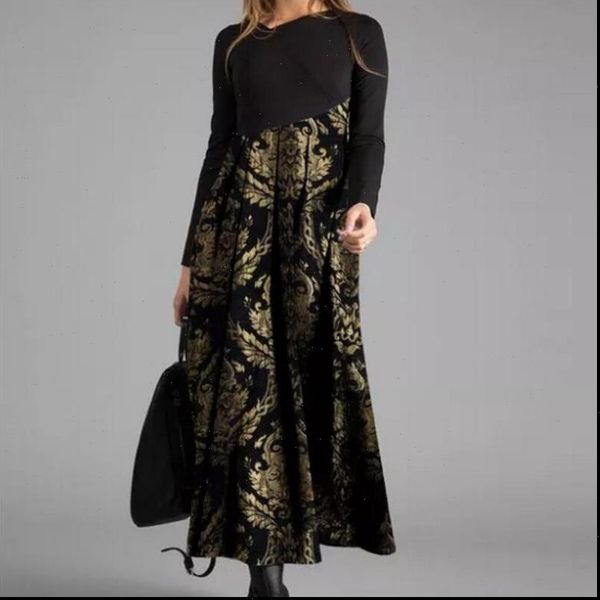 

fashion women dresses floral print patchwork dress plus size casual long sleeve midi o neck ladies maxi elegant boho, Black;gray