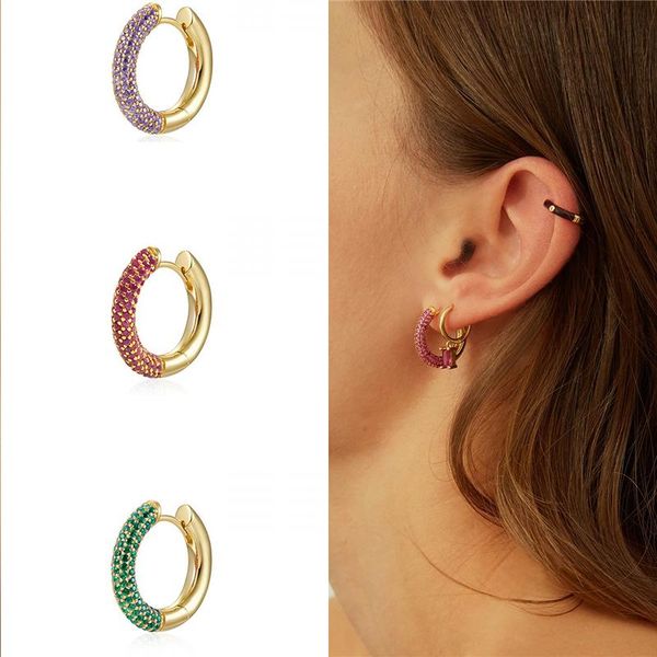 

hoop & huggie colorful half zircon stone round earrings for women girls 925 sterling silver jewelry pendientes earring, Golden;silver