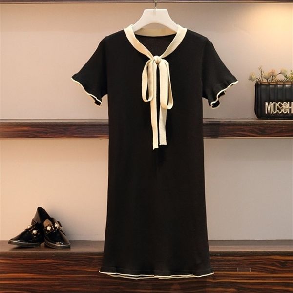 

summer fashion women bow tie knit casual short sleeve dresses femalevestidos robes 210519, Black;gray