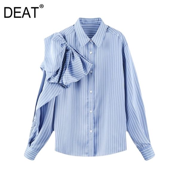 

[deat] spring fashion single-breasted stripe bow long sleeve turn-down collar loose personality women shirt 13c673 210527, White