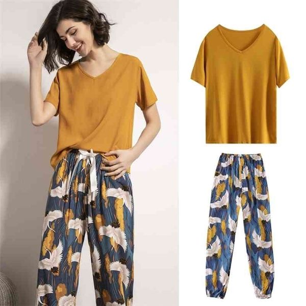 

japanese style kimono pyjamas cotton women's pajamas set 2pcs t-shirt trousers summer loungewear sleepwear crane harajuku 210325, Black;red