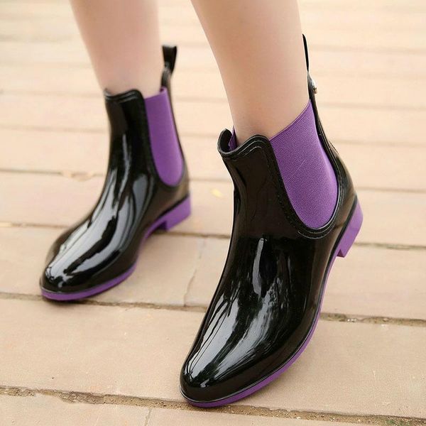 

boots womens rainboots waterproof single shoes woman mud water rubber slip on pvc elastic ankle fashion rain, Black