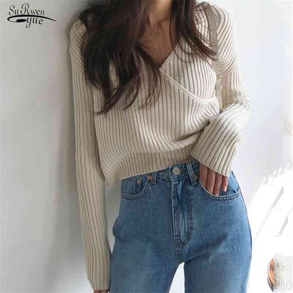 

spring autumn women sweater korean chic cross-shoulder v-neck thicken casual pullover stripe knitted s 10527 210521, White;black