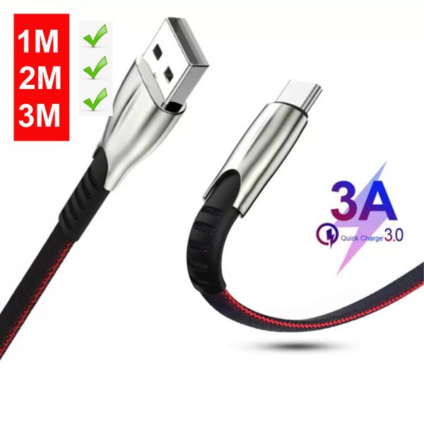 3FT 6FT 9FT Liga de zinco Tipo-C Cabo 3A Carregador de carregamento rápido Micro USB Cabo de suporte de dados de suporte para Samsung Nota 20 S20 S21 Telefone celular