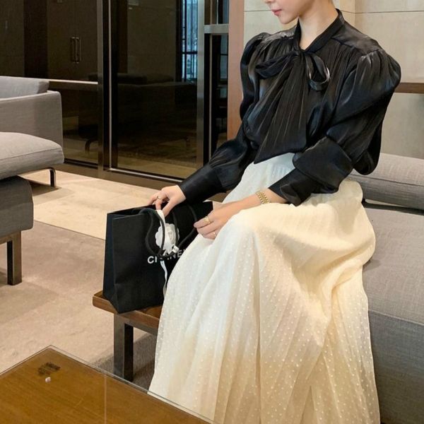 

dress korean style vintage sets sleeve blouses drawstring black shirt and high waist long pleated skirt two piece outfits ji5o 01e6, Black;gray