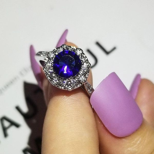 

luxury blue color flowers 925 sterling silver engagement ring for women lady anniversary gift jewelry wholesale r5720 cluster rings, Golden;silver