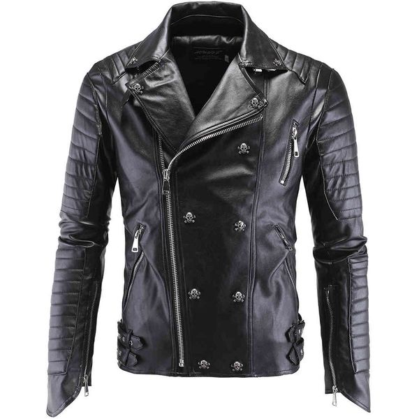

men's leather & faux imitation leather jacket, casual double button coat, fashion, tight fitting, suede skull, fashion, Black
