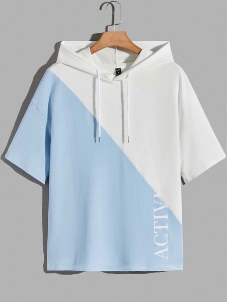 

men colorblock letter graphic drawstring waist hooded tee r856#, White;black