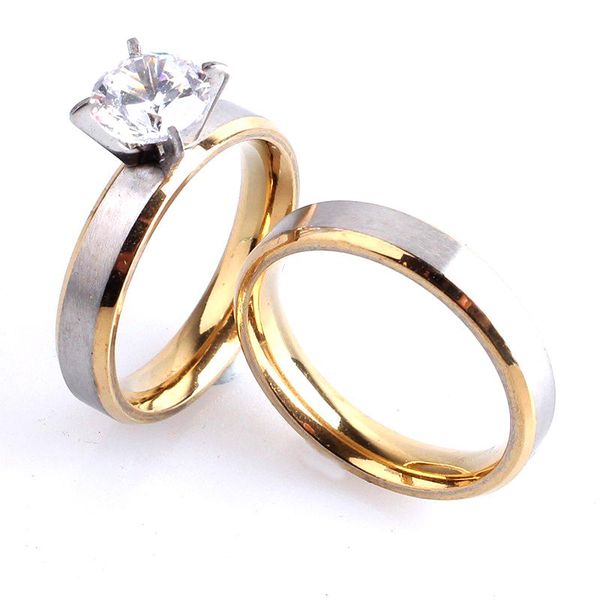 

cluster rings 4mm gold border silver color brushed lovers zircon 316l stainless steel wedding for women men wholesale, Golden;silver