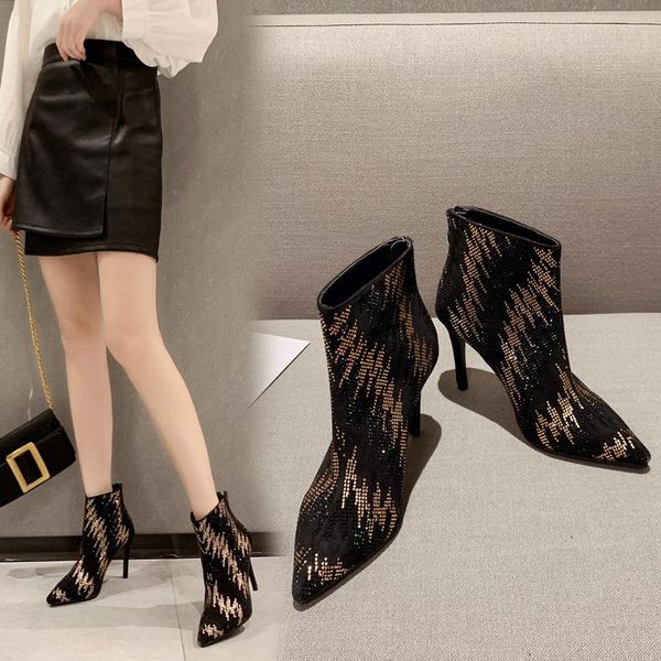 

boots 9cm high heeled women's 2021 crystal heel fashion shoes, Black